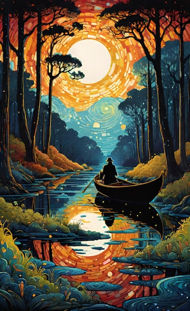 une peinture d'un homme dans un canoë dans une forêt avec la lune derrière lui