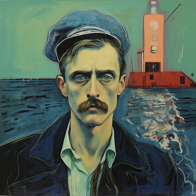 Photo peinture d'un homme dans un chapeau et une veste debout devant un phare génératif ai