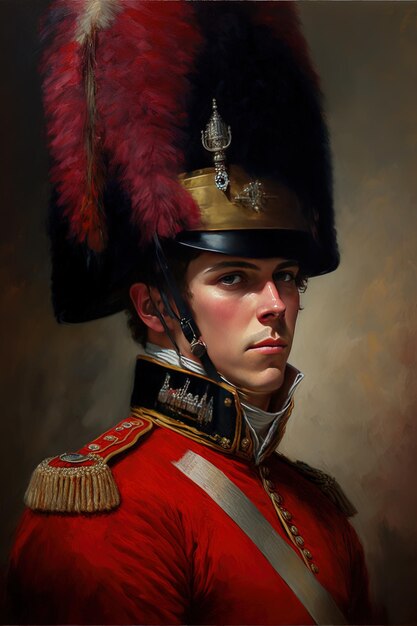 Photo une peinture d'un homme dans une veste rouge et un chapeau avec une plume dessus