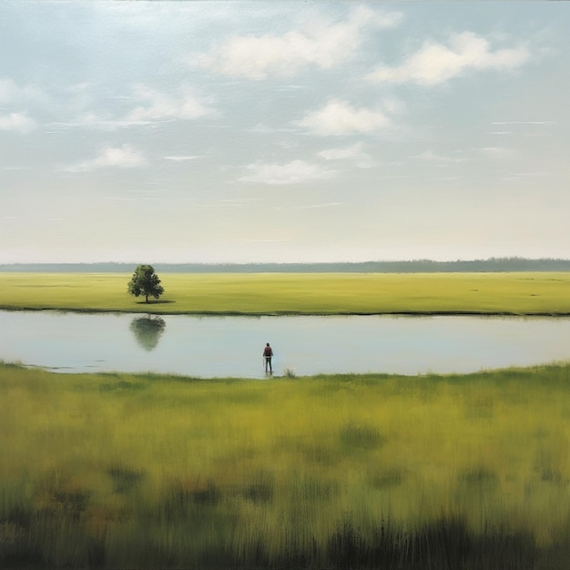 peinture d'un homme debout dans un champ à côté d'un lac génératif ai
