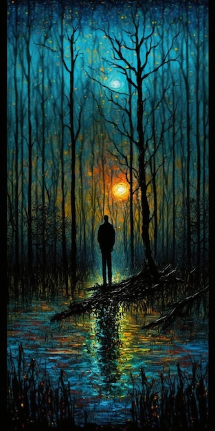 Peinture d'un homme debout dans la forêt avec coucher de soleil ai génératif