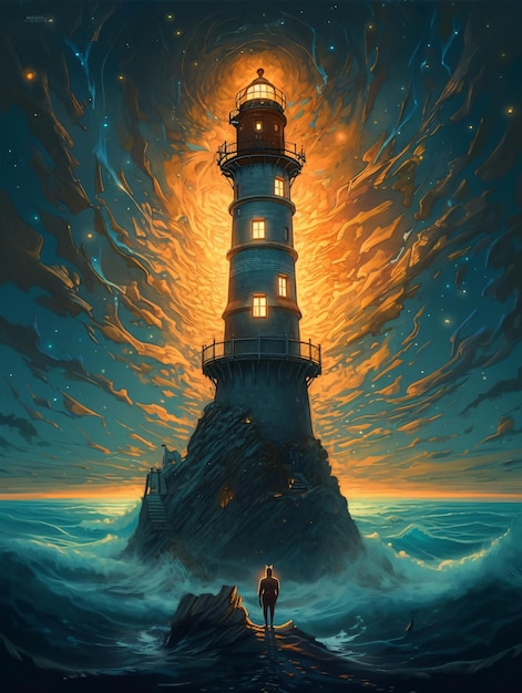 Une peinture d'un homme debout devant un phare Génération AI