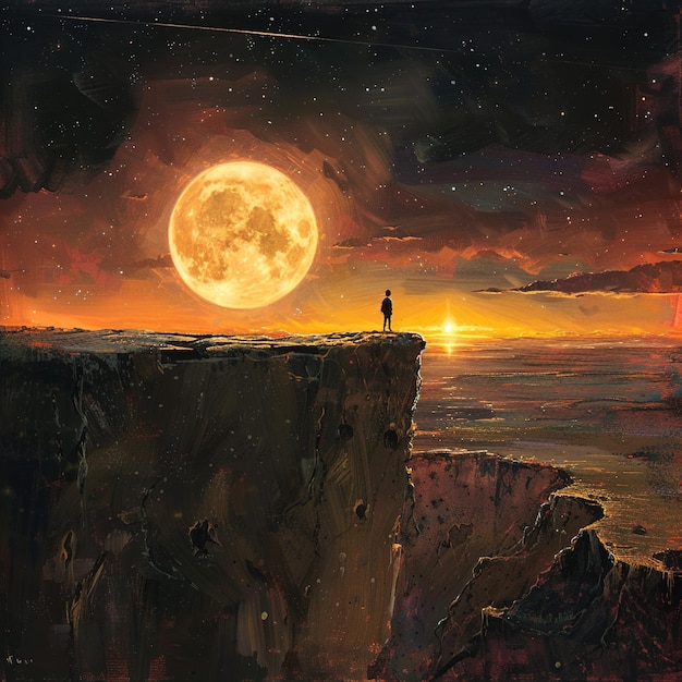 une peinture d'un homme debout sur une falaise avec une pleine lune en arrière-plan