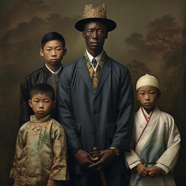 Une peinture d'un homme et de deux enfants avec un chapeau.