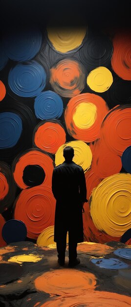 une peinture d'un homme devant des cercles colorés