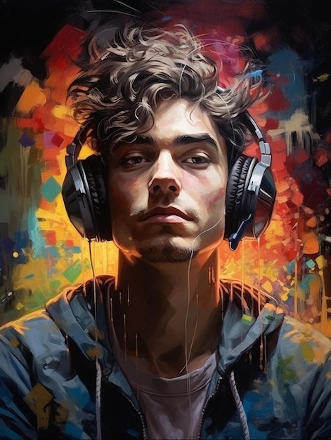 peinture d'un homme avec des écouteurs sur la tête IA générative