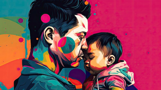 Une peinture d'un homme embrassant un bébé