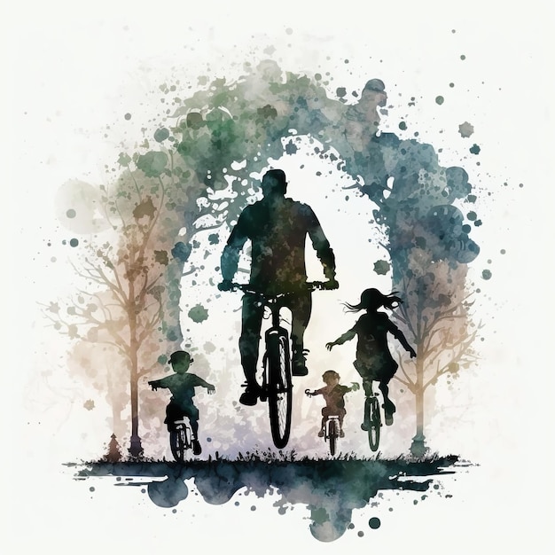 Une peinture d'un homme faisant du vélo avec une fille et un garçon dessus.