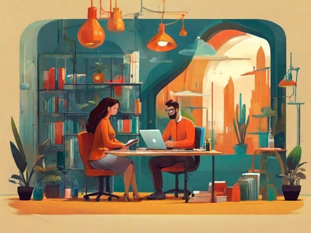 Photo une peinture d'un homme et d'une femme assis à une table avec un ordinateur portable