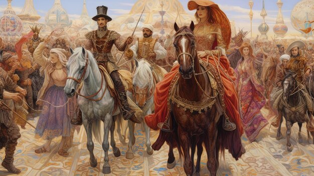 une peinture d'un homme et d'une femme sur un cheval avec une couverture rouge