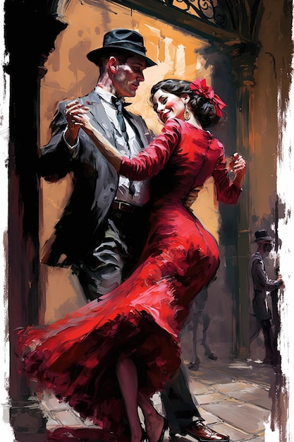 Une peinture d'un homme et d'une femme dansant le tango.