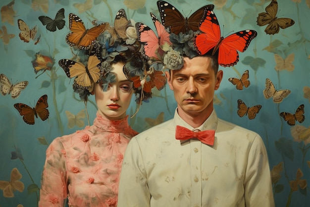 Une peinture d'un homme et d'une femme avec un papillon