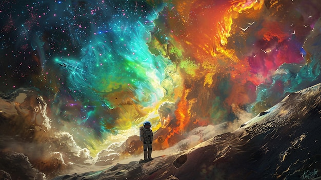 une peinture d'un homme et d'une femme regardant une planète colorée