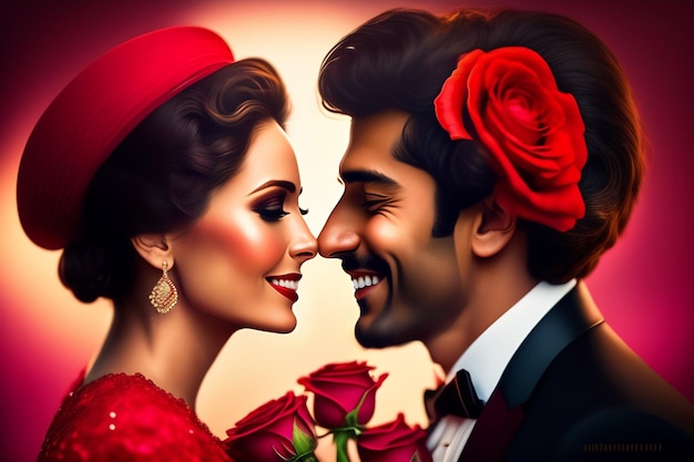 Une peinture d'un homme et d'une femme avec des roses rouges sur la tête