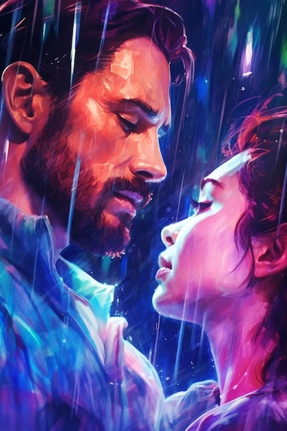 Une peinture d'un homme et d'une femme sous la pluie