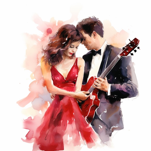 peinture d'un homme et d'une femme en tenue formelle jouant de la guitare IA générative