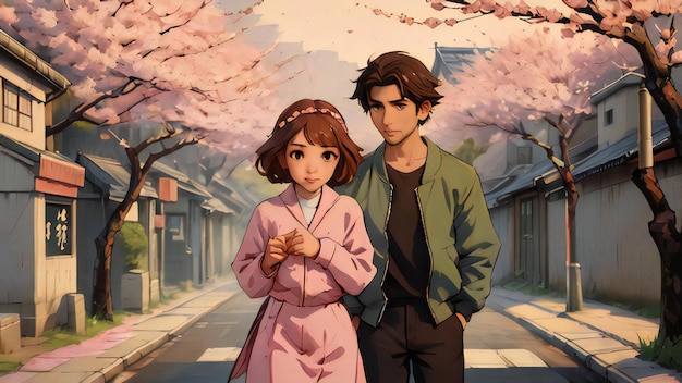 une peinture d'un homme et d'une fille avec des cerisiers en arrière-plan