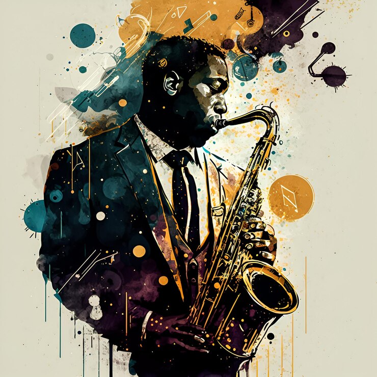 Une peinture d'un homme jouant du saxophone.