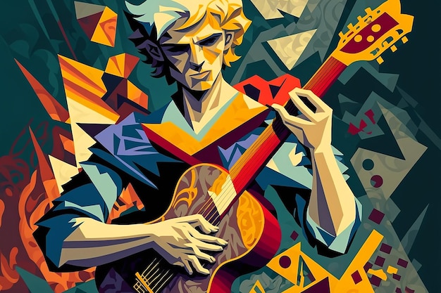 Une peinture d'un homme jouant de la guitare avec un fond coloré.