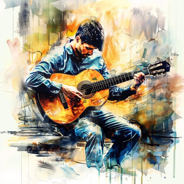 une peinture d'un homme jouant de la guitare