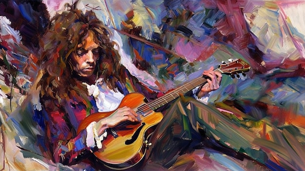 Une peinture d'un homme jouant de la guitare.