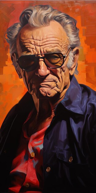 une peinture d'un homme avec des lunettes et une chemise rouge qui dit le mot dessus