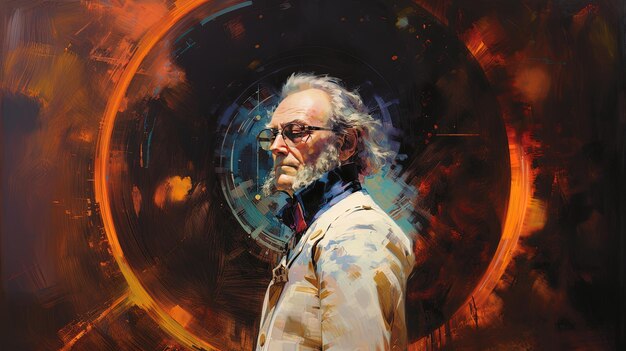 une peinture d'un homme avec des lunettes et un manteau de laboratoire