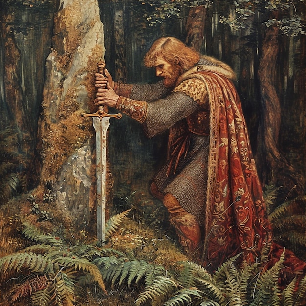 Photo peinture d'un homme en manteau rouge tenant une épée dans une forêt générative ai