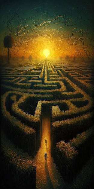 Peinture d'un homme marchant dans un labyrinthe en IA générative
