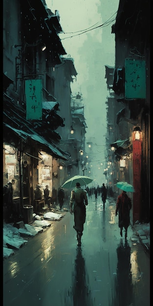 Peinture d'un homme marchant dans la rue sous la pluie générative ai