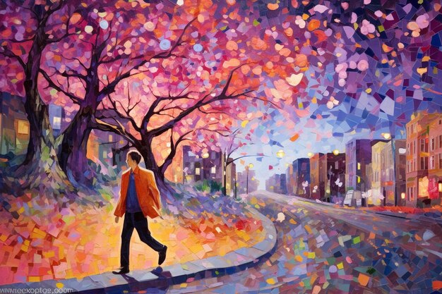 Une peinture d'un homme marchant dans une rue avec une ville en arrière-plan.