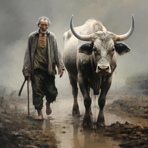 peinture d'un homme marchant avec deux taureaux dans un champ boueux