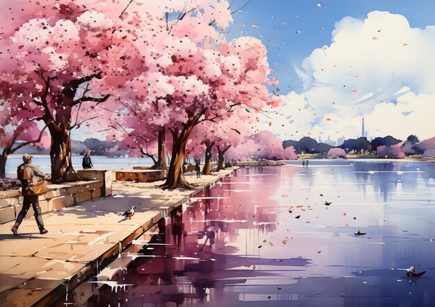 Peinture d'un homme marchant le long d'une rivière avec des arbres roses