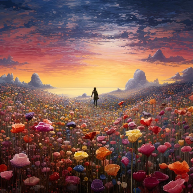 peinture d'un homme marchant à travers un champ de fleurs au coucher du soleil ai générative