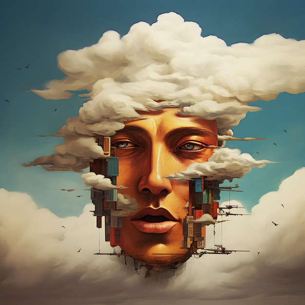 Une peinture d'un homme avec un nuage en arrière-plan
