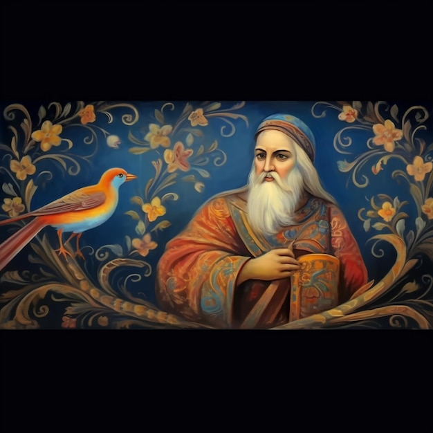 une peinture d'un homme avec un oiseau sur la poitrine.