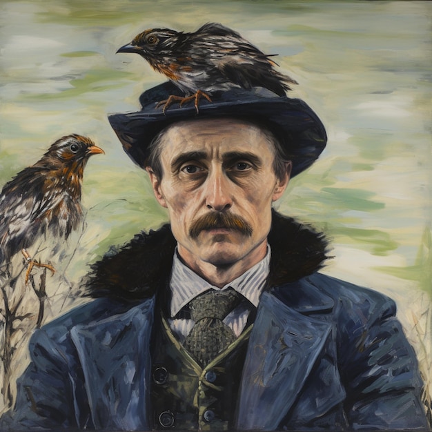 peinture d'un homme avec un oiseau sur sa tête et un oiseaux sur son épaule generative ai