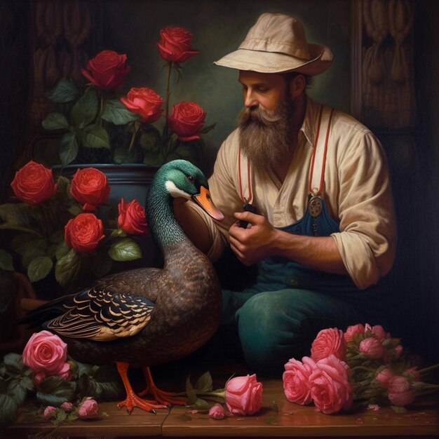 Une peinture d'un homme avec un oiseau et un vase avec des roses