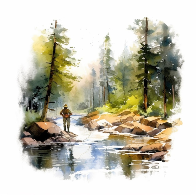 Peinture d'un homme pêchant dans une rivière avec des rochers et des arbres générative ai