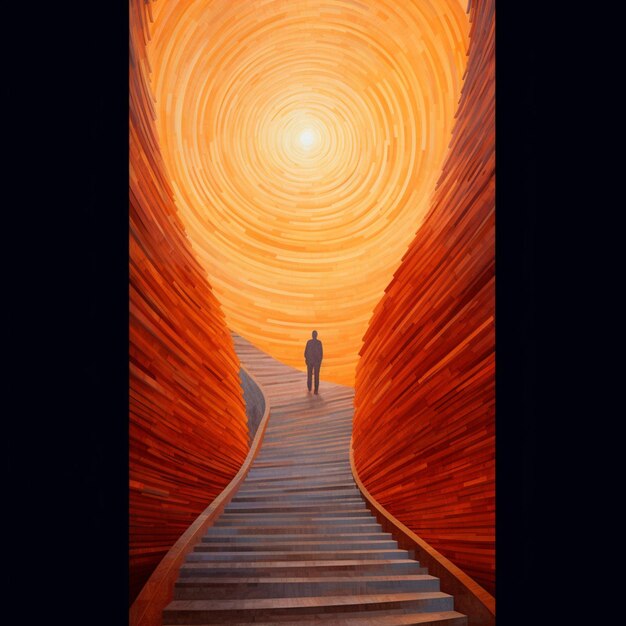 Photo peinture d'un homme qui monte un escalier vers une ai générative de lumière vive