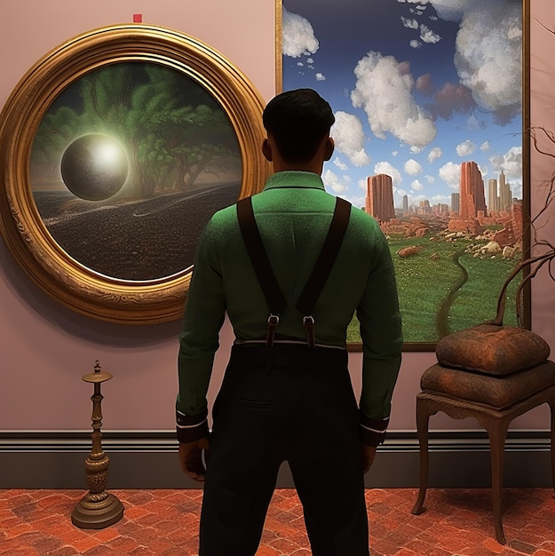 une peinture d'un homme regardant une image d'une ville.