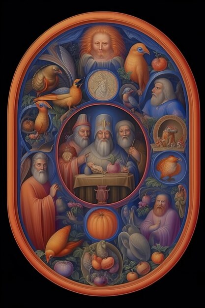 une peinture d'un homme religieux et d'un oiseau sur une table