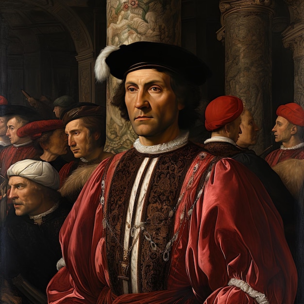 une peinture d'un homme en robe rouge avec un collier blanc et une chemise rouge avec un col blanc