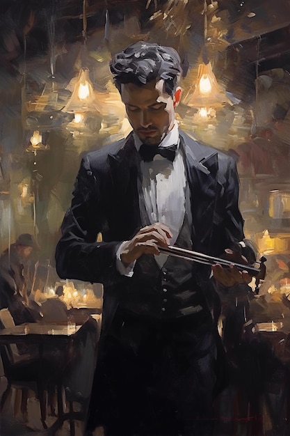 Une peinture d'un homme en smoking tenant un violon.