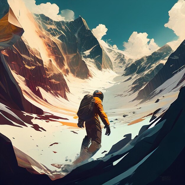 Une peinture d’un homme sur un snowboard devant une montagne.