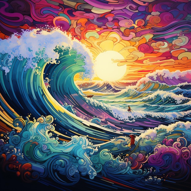 peinture d'un homme surfant sur une vague dans l'océan