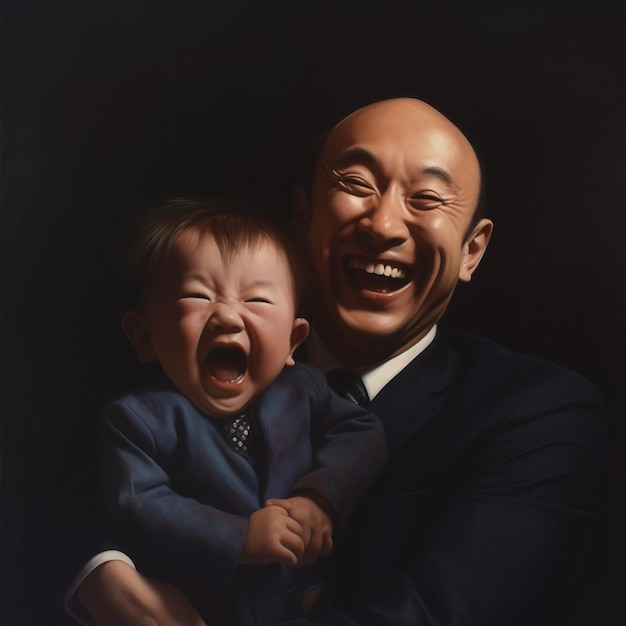 Une peinture d'un homme tenant un bébé et riant.