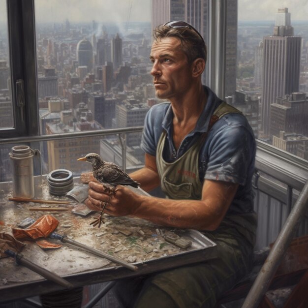 Une peinture d'un homme tenant un oiseau devant un paysage urbain.