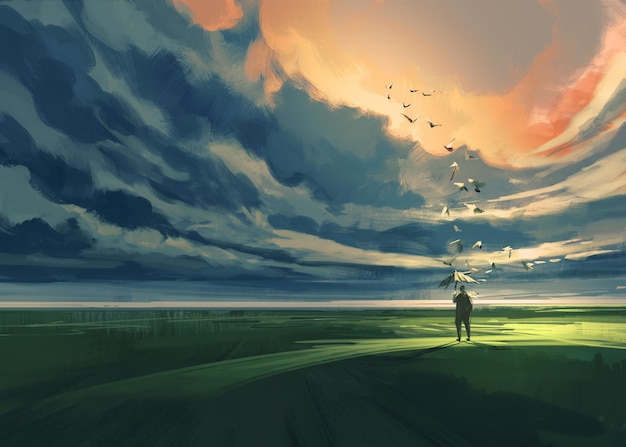 peinture d'un homme tenant un parapluie seul dans le pré en regardant l'horizon nuageux