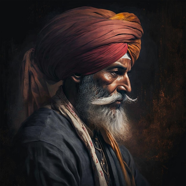 Une peinture d'un homme avec un turban et un turban rouge.